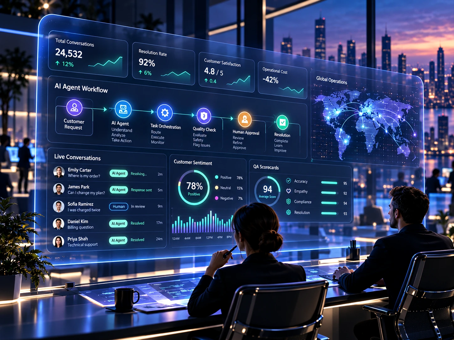 Cinematic AI operations command center showing automated workflows, human approval, quality scoring and customer intelligence.